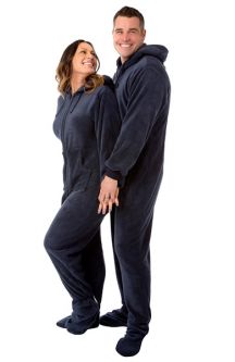 Navy-Blue Plush Hooded Footed Onesie Pajamas for Men & Women